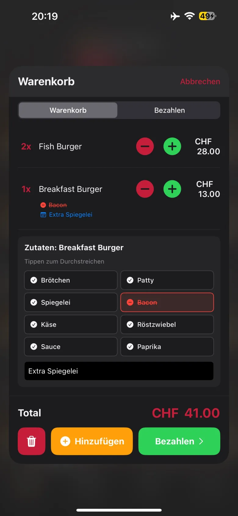 Warenkorb mit durchgestrichenen Zutaten