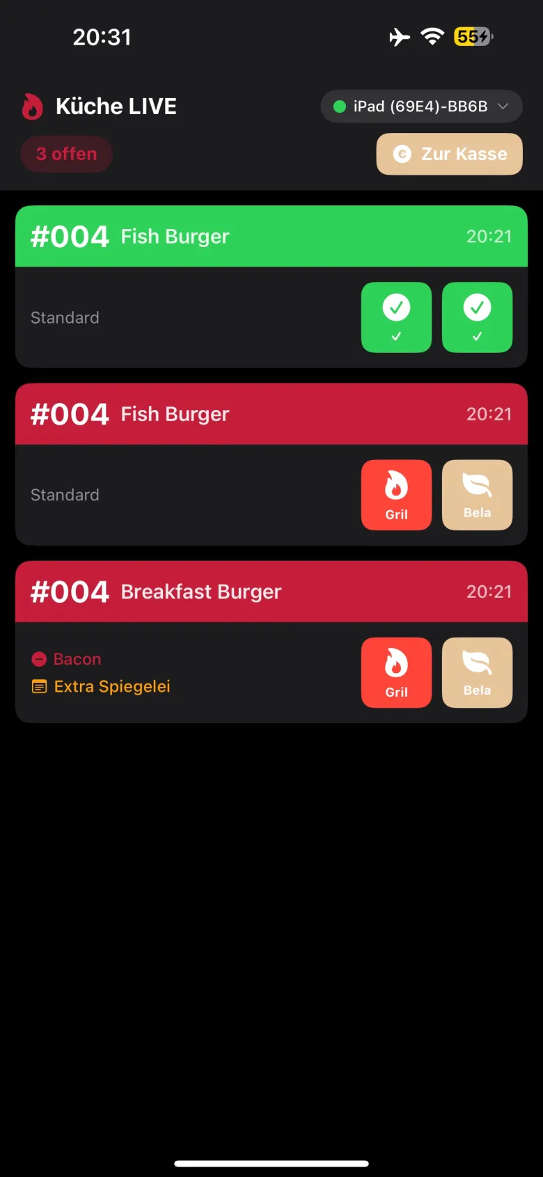 Küchen-Live-Ansicht mit offenen Bestellungen