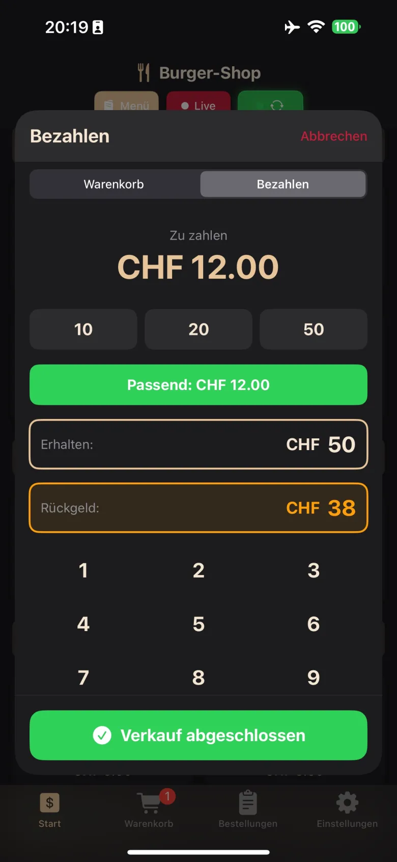 Bezahlen mit automatischem Rückgeld